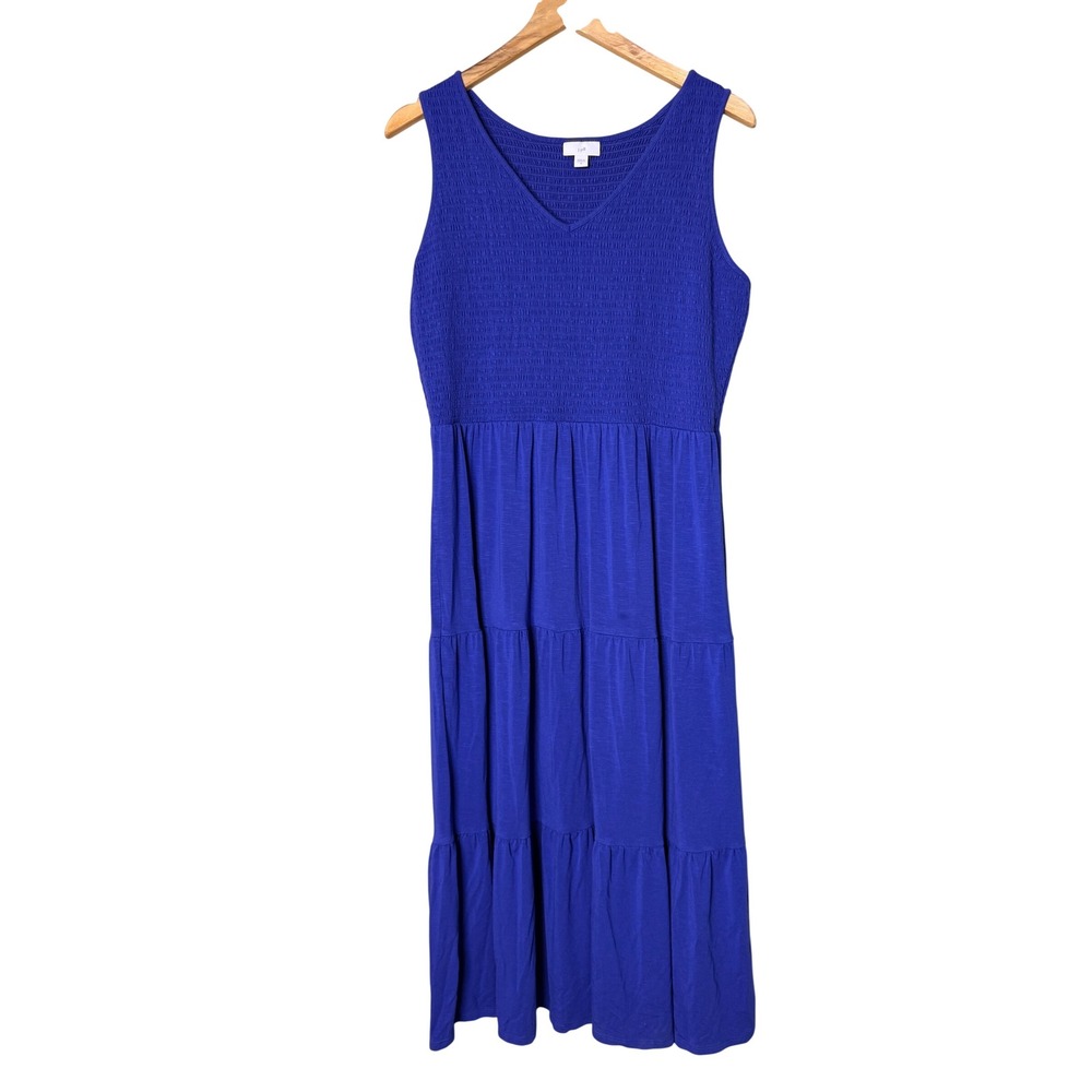 J Jill Womens Royal Blue Smocked Tiered Midi Dress Sleeveless V-Neck Size M